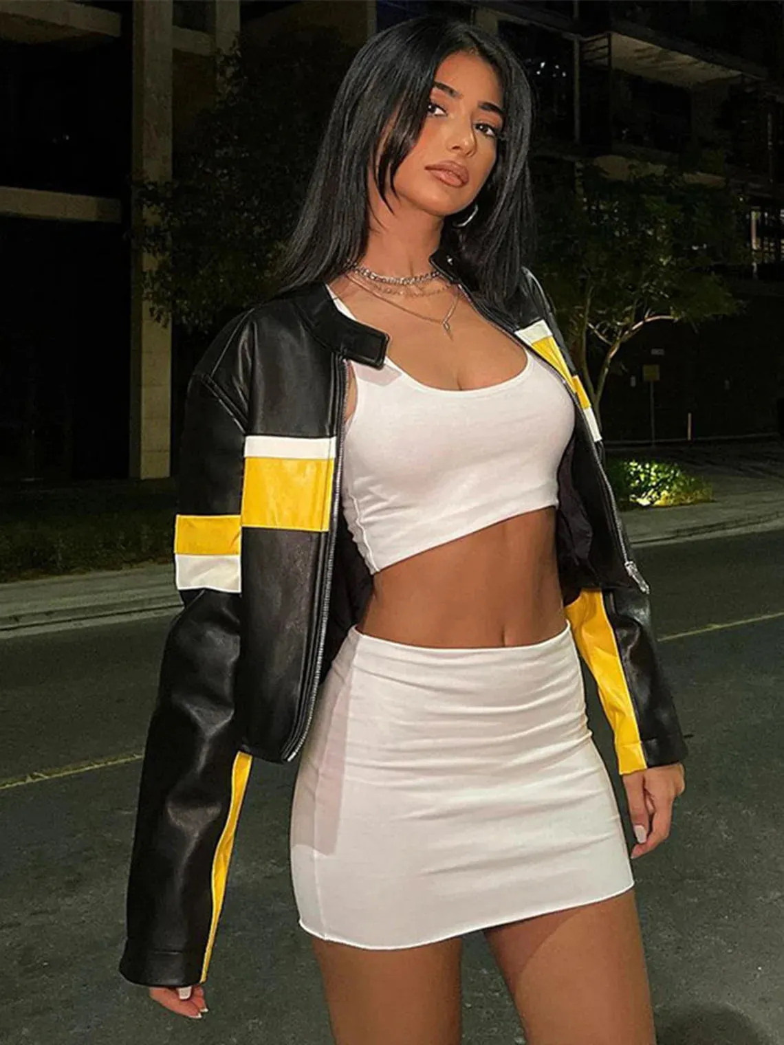 Yellow Stripe Cropped Black Leather Jacket