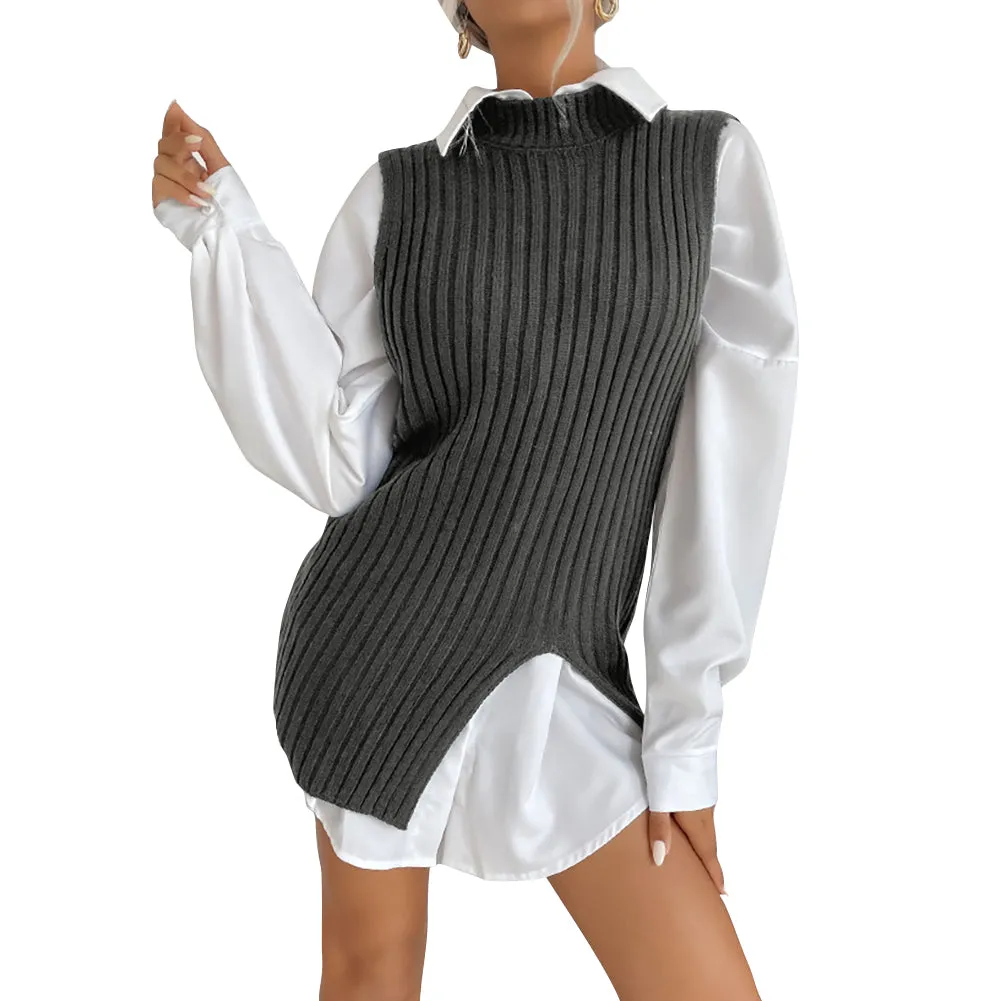 YESFASHION Split Mid-length Vintage Vest Knitted Vest Sweaters
