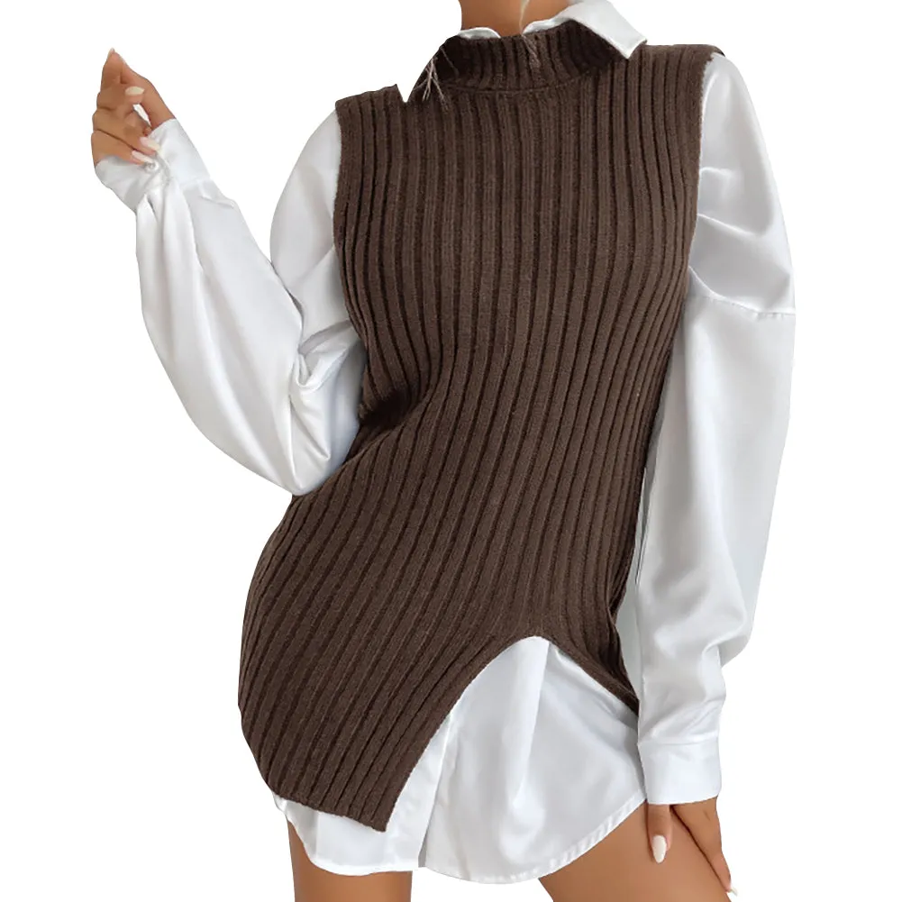 YESFASHION Split Mid-length Vintage Vest Knitted Vest Sweaters